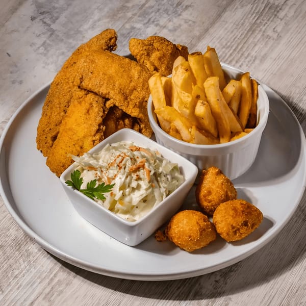 Southern fried fish, french fries, coleslaw, and hush puppies on a white plate.